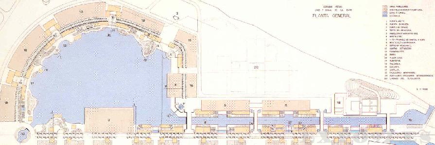 Proyecto para la zona del Lago y del Canal. Hay algunas diferencias con lo que se contruyó al final. Así, el pabellón de Andalucía estaba previsto más o menos en donde finalmente se construyó el de Retevisión. También se contemplaba una zona dedicada a pabellones de organismos internacionales en donde se erigió el de Cruzcampo. La zona de Plaza de América también se consideraba como espacio para los pabellones autonómicos.